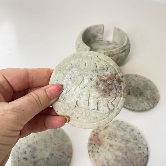 Carved Stone Elephants Coasters Set of 6 With Storage Holder READ - Picture 5 of 16